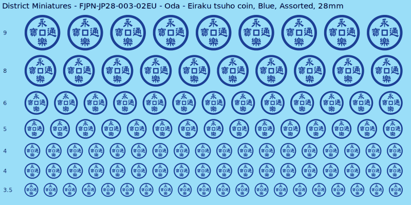 Oda clan mon, Eiraku tsuho coin, Blue waterslide decal sheet, 28mm