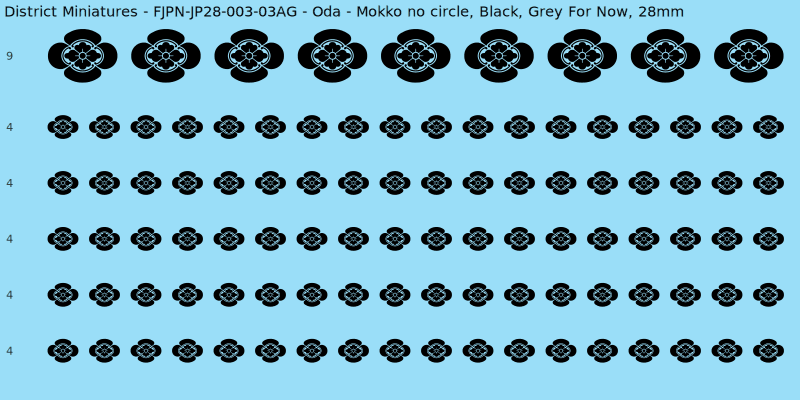 Oda clan mon, Black waterslide decal sheet, Grey For Now banner sizes, 28mm