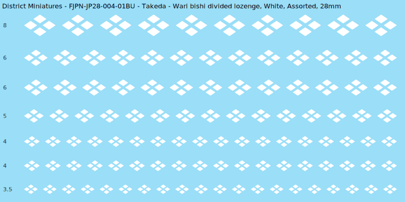 Takeda clan mon, White waterslide decal sheet, Assorted banner sizes, 28mm