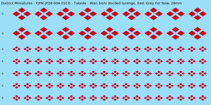 Takeda clan mon, Red waterslide decal sheet, Grey For Now banner sizes, 28mm