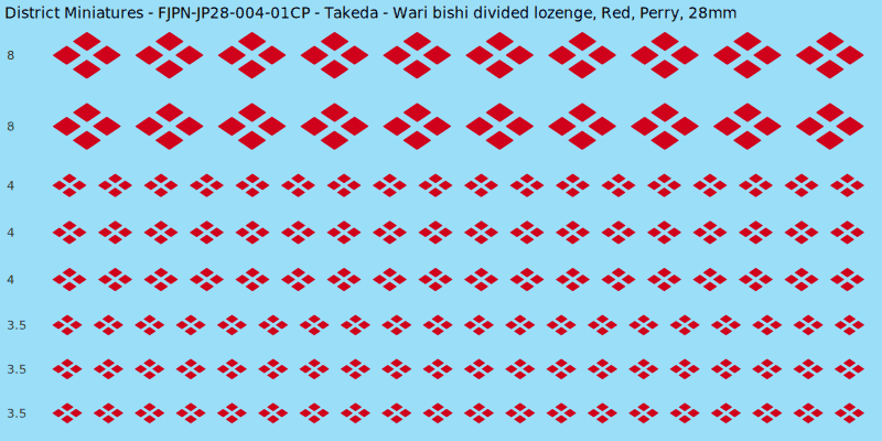 Takeda clan mon, Red waterslide decal sheet, Perry banner sizes, 28mm