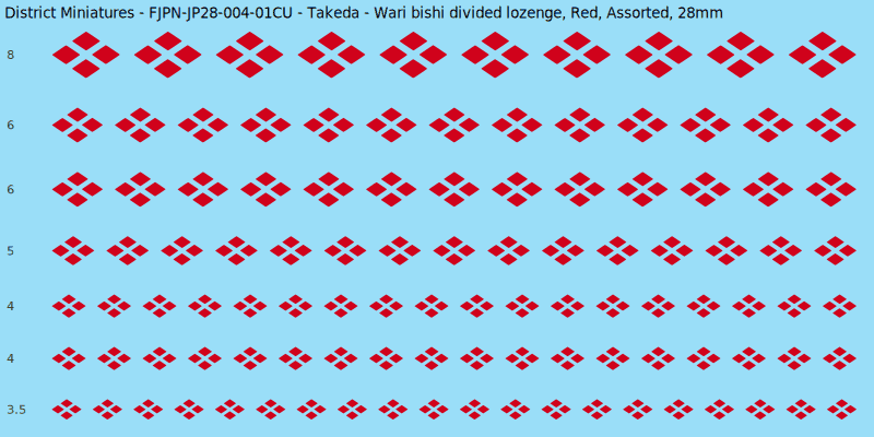 Takeda clan mon, Red waterslide decal sheet, Assorted banner sizes, 28mm