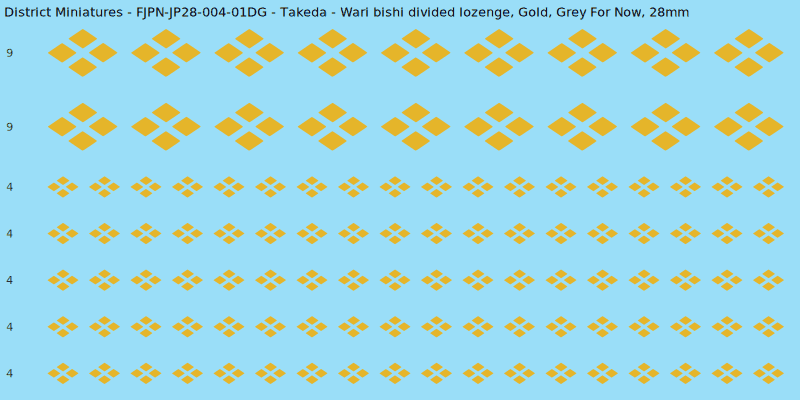 Takeda clan mon, Yellow/Gold waterslide decal sheet, Grey For Now banner sizes, 28mm
