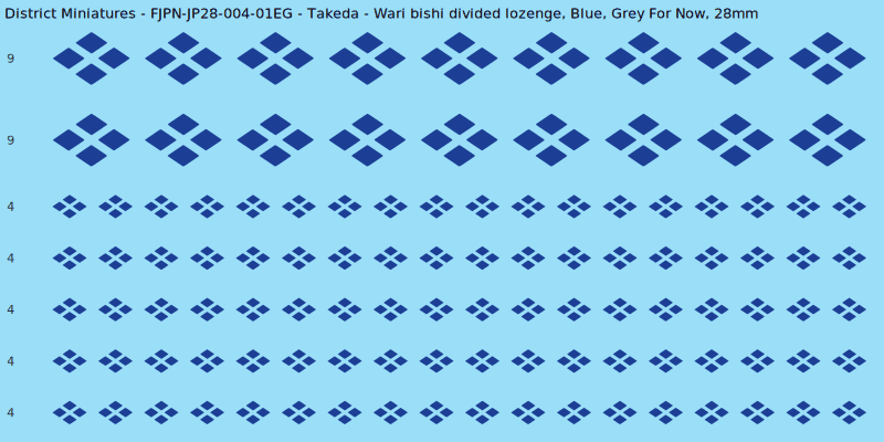 Takeda clan mon, Blue waterslide decal sheet, Grey For Now banner sizes, 28mm