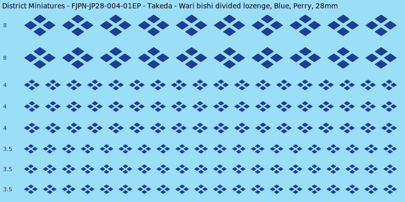 Takeda clan mon, Blue waterslide decal sheet, Perry banner sizes, 28mm