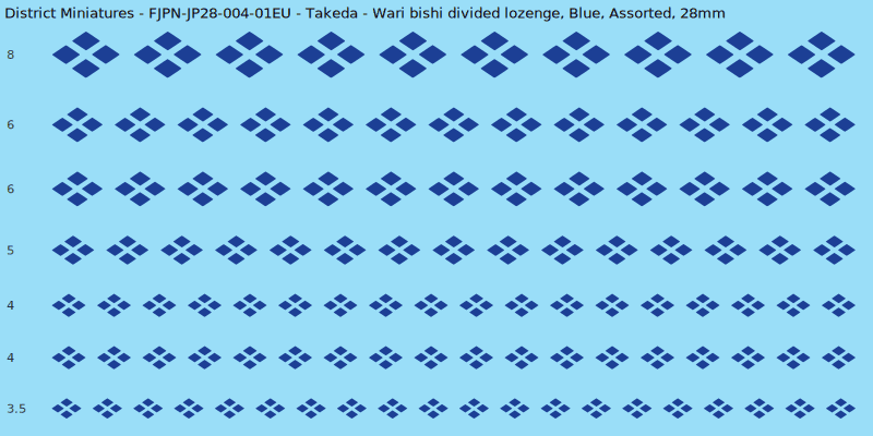 Takeda clan mon, Wari bishi divided lozenge, Blue waterslide decal sheet, 28mm