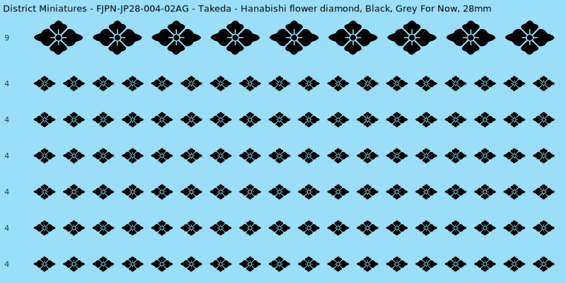 Takeda clan mon, Black waterslide decal sheet, Grey For Now banner sizes, 28mm