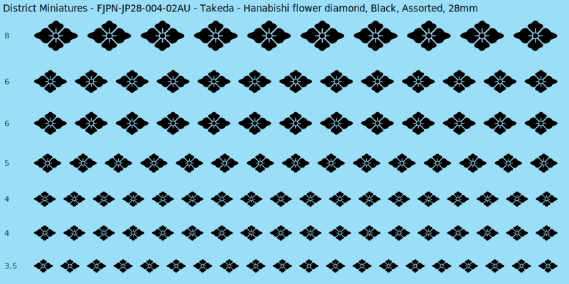 Takeda clan mon, Hanabishi flower diamond, Black waterslide decal sheet, 28mm