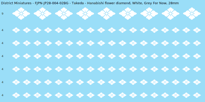 Takeda clan mon, White waterslide decal sheet, Grey For Now banner sizes, 28mm