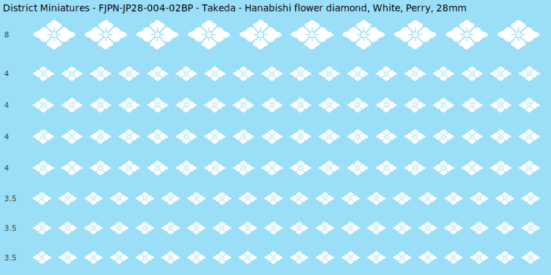 Takeda clan mon, White waterslide decal sheet, Perry banner sizes, 28mm