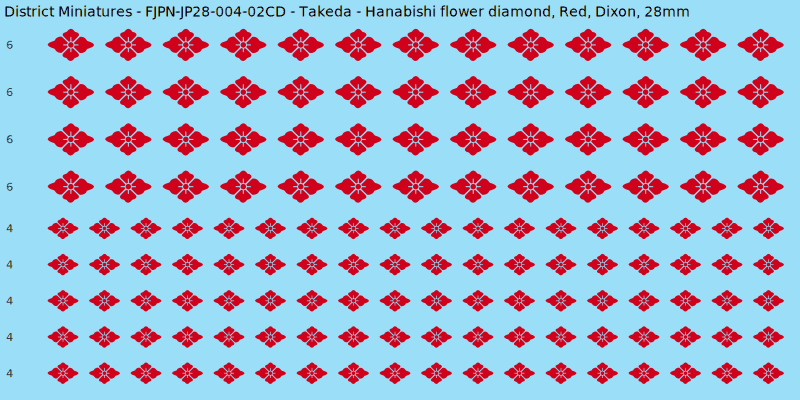 Takeda clan mon, Red waterslide decal sheet, Dixon banner sizes, 28mm