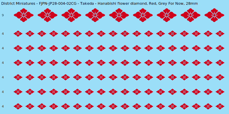 Takeda clan mon, Red waterslide decal sheet, Grey For Now banner sizes, 28mm