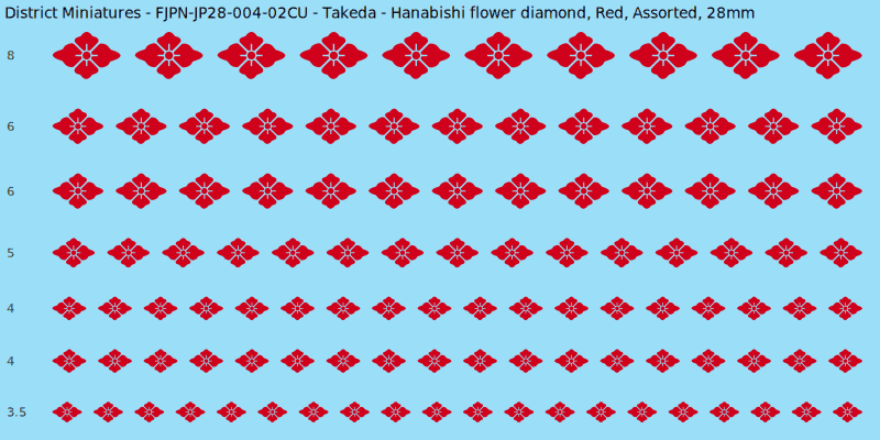 Takeda clan mon, Hanabishi flower diamond, Red waterslide decal sheet, 28mm
