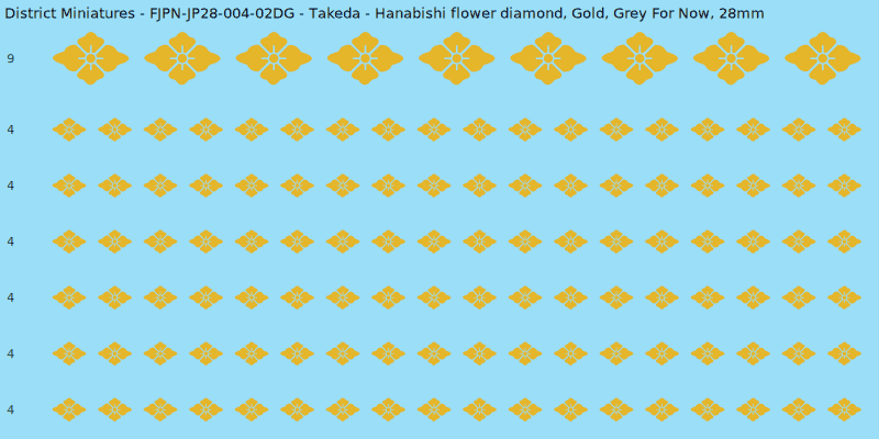 Takeda clan mon, Yellow/Gold waterslide decal sheet, Grey For Now banner sizes, 28mm