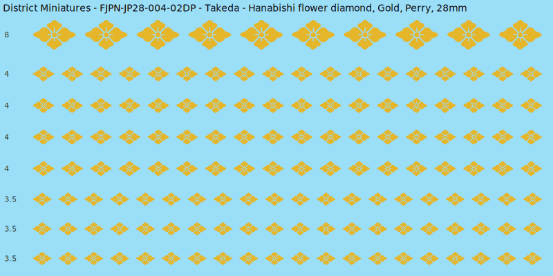 Takeda clan mon, Yellow/Gold waterslide decal sheet, Perry banner sizes, 28mm
