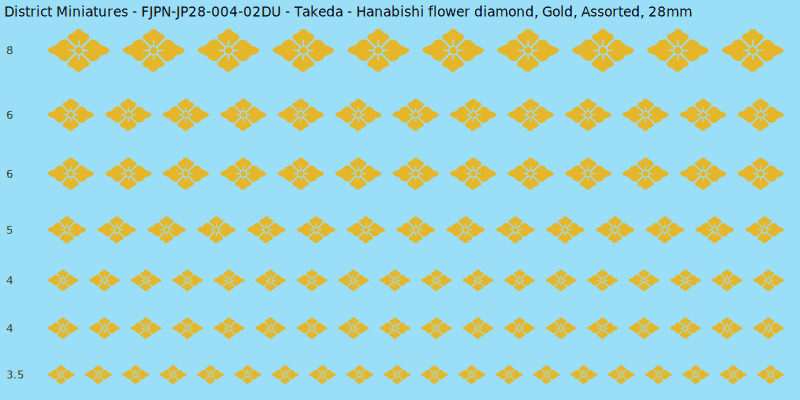 Takeda clan mon, Hanabishi flower diamond, Gold waterslide decal sheet, 28mm
