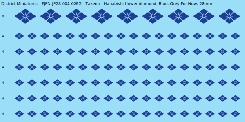 Takeda clan mon, Blue waterslide decal sheet, Grey For Now banner sizes, 28mm