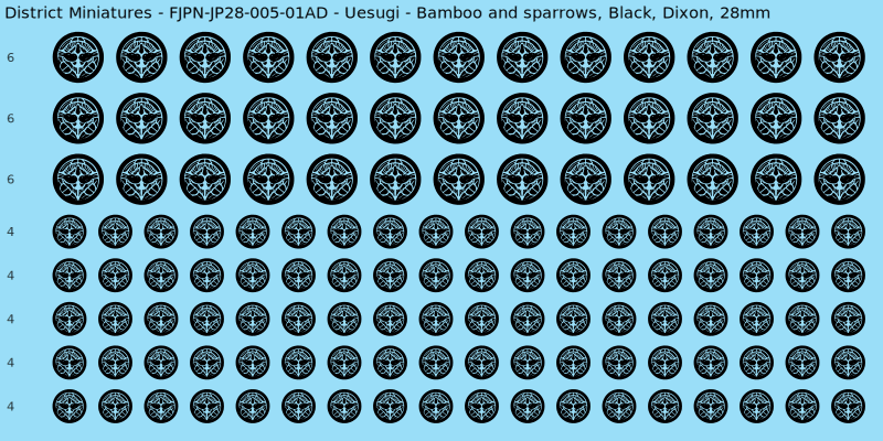 Uesugi clan mon, Black waterslide decal sheet, Dixon banner sizes, 28mm