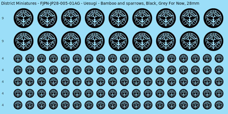 Uesugi clan mon, Black waterslide decal sheet, Grey For Now banner sizes, 28mm