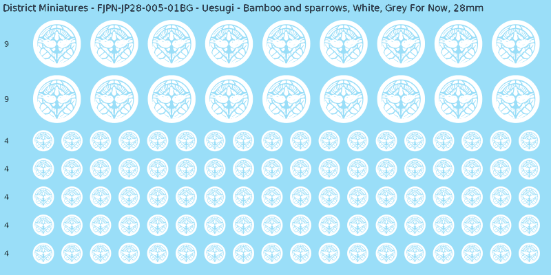 Uesugi clan mon, White waterslide decal sheet, Grey For Now banner sizes, 28mm