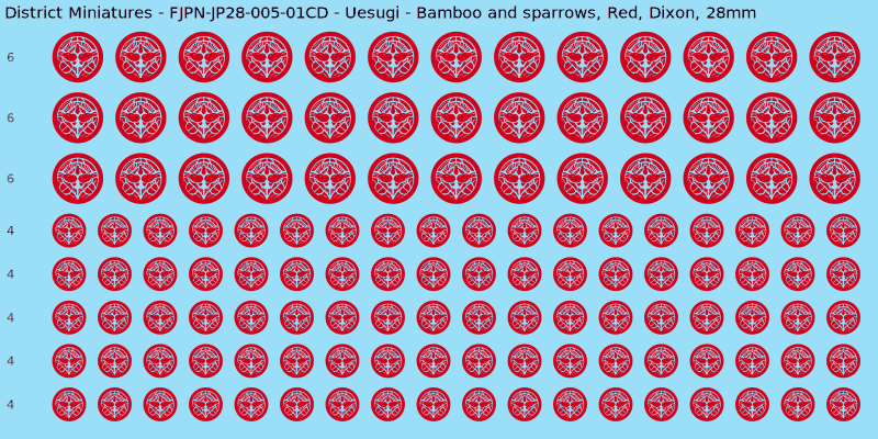 Uesugi clan mon, Red waterslide decal sheet, Dixon banner sizes, 28mm