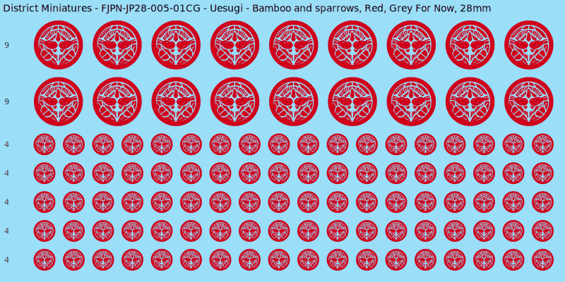 Uesugi clan mon, Red waterslide decal sheet, Grey For Now banner sizes, 28mm