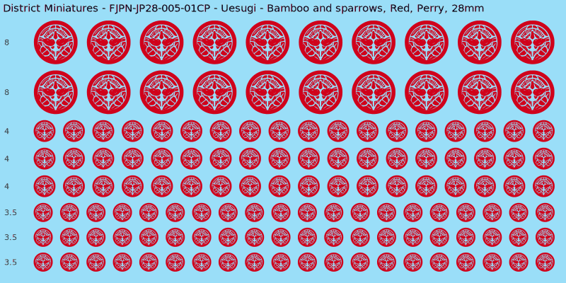 Uesugi clan mon, Red waterslide decal sheet, Perry banner sizes, 28mm