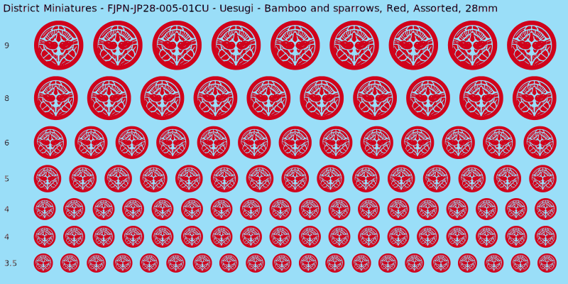 Uesugi clan mon, Red waterslide decal sheet, Assorted banner sizes, 28mm