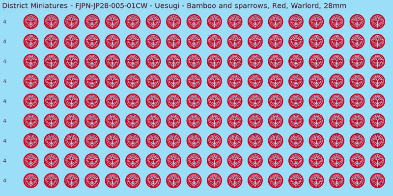 Uesugi clan mon, Red waterslide decal sheet, Warlord banner sizes, 28mm