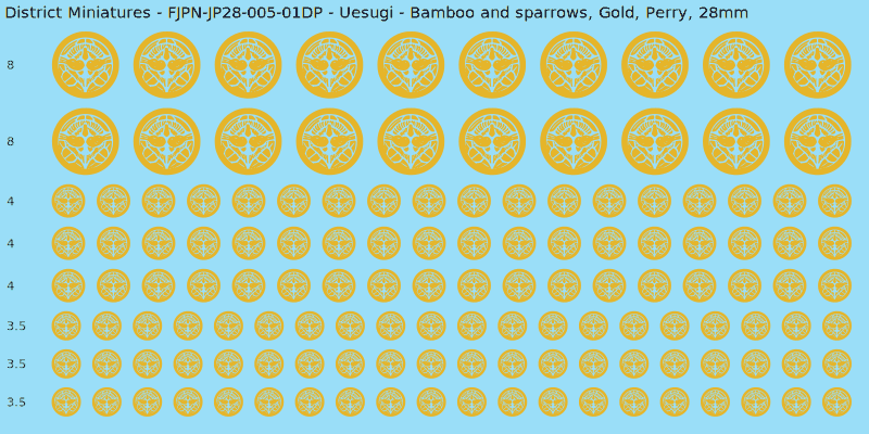 Uesugi clan mon, Yellow/Gold waterslide decal sheet, Perry banner sizes, 28mm
