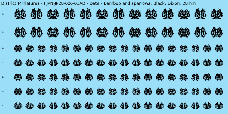 Date clan mon, Black waterslide decal sheet, Dixon banner sizes, 28mm