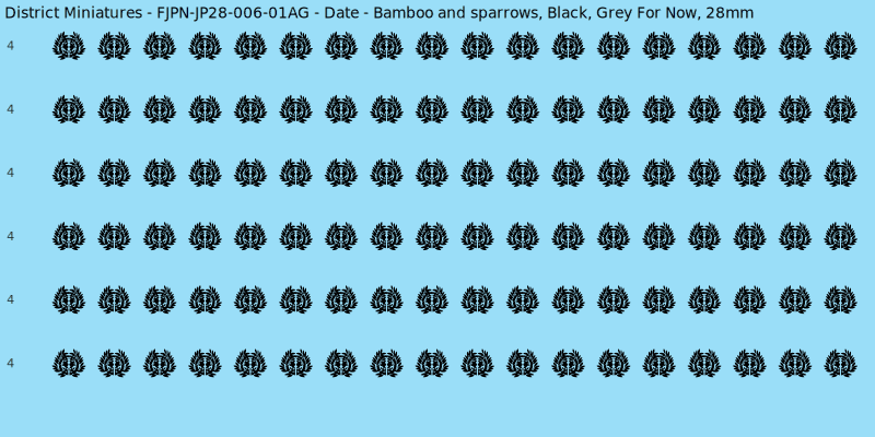 Date clan mon, Black waterslide decal sheet, Grey For Now banner sizes, 28mm