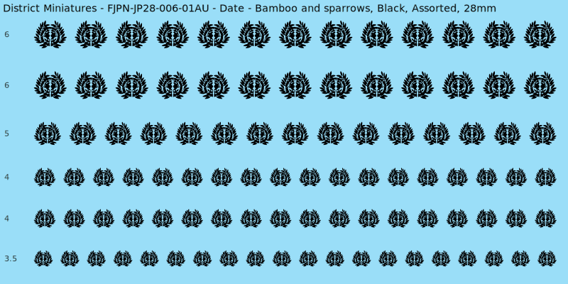 Date clan mon, Bamboo and sparrows, Black waterslide decal sheet, 28mm