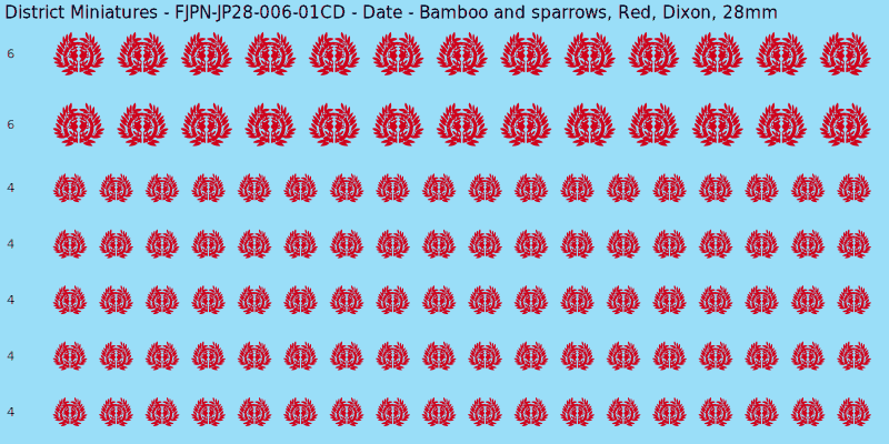 Date clan mon, Red waterslide decal sheet, Dixon banner sizes, 28mm