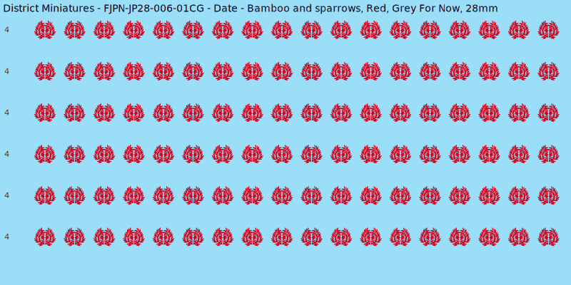 Date clan mon, Red waterslide decal sheet, Grey For Now banner sizes, 28mm