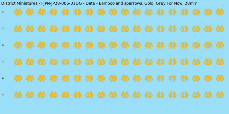 Date clan mon, Yellow/Gold waterslide decal sheet, Grey For Now banner sizes, 28mm