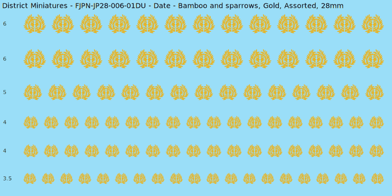 Date clan mon, Bamboo and sparrows, Gold waterslide decal sheet, 28mm