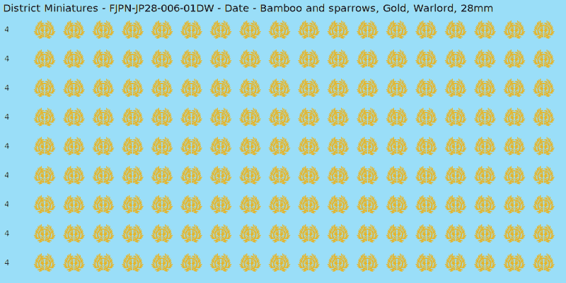 Date clan mon, Yellow/Gold waterslide decal sheet, Warlord banner sizes, 28mm