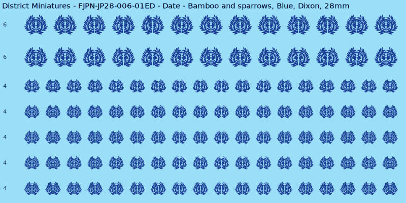 Date clan mon, Blue waterslide decal sheet, Dixon banner sizes, 28mm