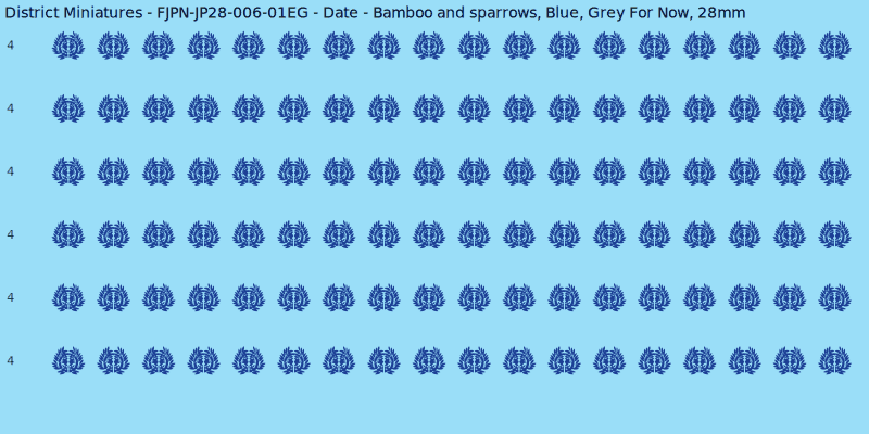 Date clan mon, Blue waterslide decal sheet, Grey For Now banner sizes, 28mm