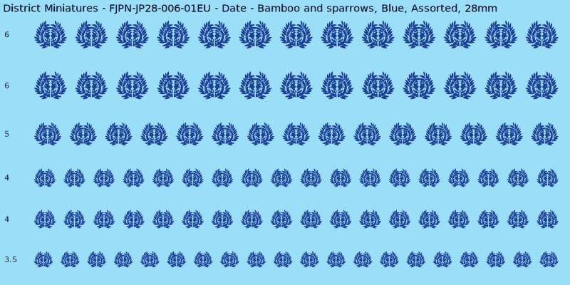 Date clan mon, Bamboo and sparrows, Blue waterslide decal sheet, 28mm