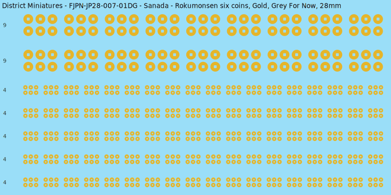 Sanada clan mon, Yellow/Gold waterslide decal sheet, Grey For Now banner sizes, 28mm