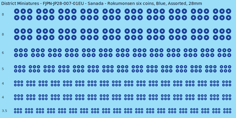 Sanada clan mon, Rokumonsen six coins, Blue waterslide decal sheet, 28mm
