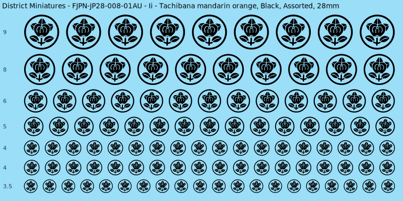 Ii clan mon, Tachibana mandarin orange, Black waterslide decal sheet, 28mm