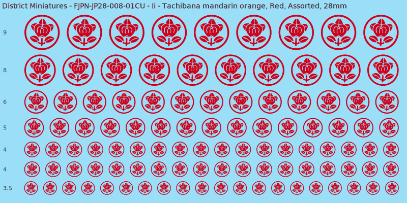 Ii clan mon, Tachibana mandarin orange, Red waterslide decal sheet, 28mm