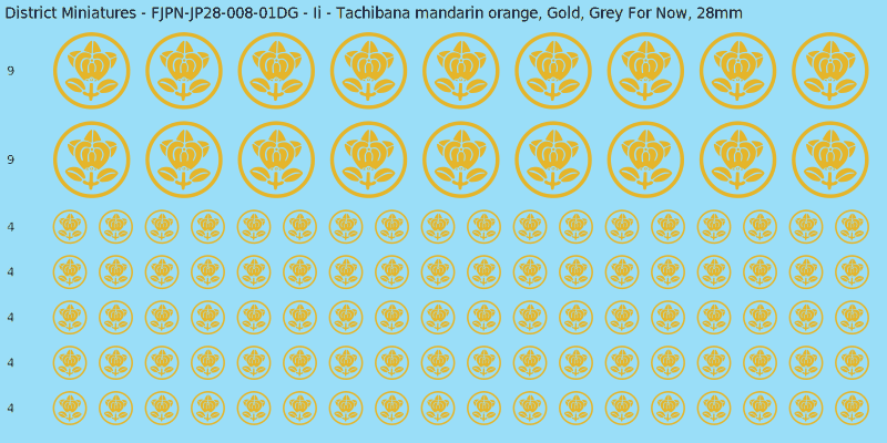 Ii clan mon, Yellow/Gold waterslide decal sheet, Grey For Now banner sizes, 28mm
