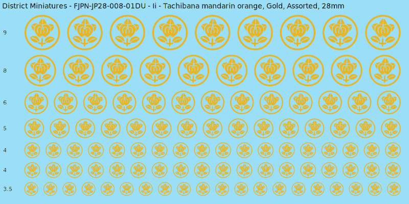 Ii clan mon, Yellow/Gold waterslide decal sheet, Assorted banner sizes, 28mm