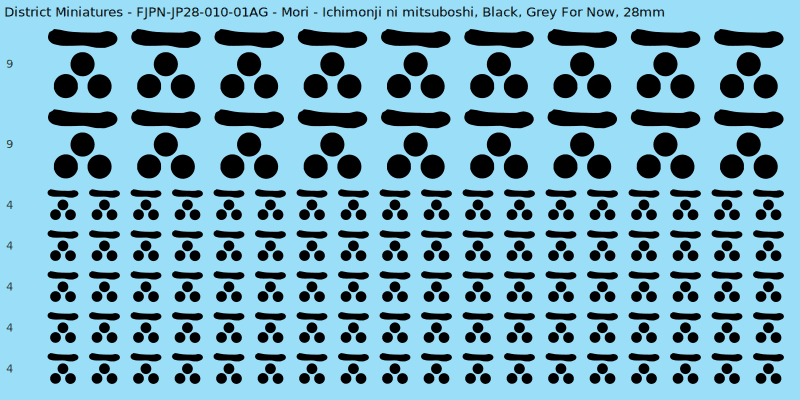 Mori clan mon, Black waterslide decal sheet, Grey For Now banner sizes, 28mm