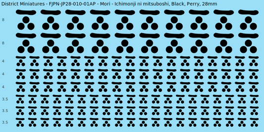 Mori clan mon, Black waterslide decal sheet, Perry banner sizes, 28mm
