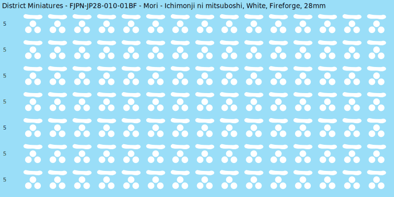 Mori clan mon, White waterslide decal sheet, Fireforge banner sizes, 28mm